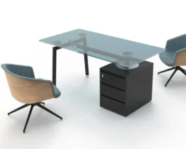 small glass top home office desk with black drawers