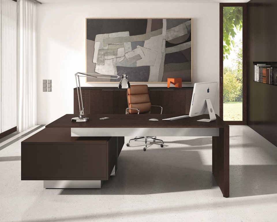 Modi Executive desks with black glass , white glass or real wood tops
