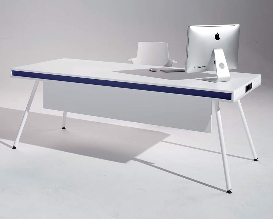 ON designer desks with side return in white lacquer and chrome legs