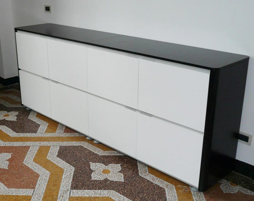 Prospero sideboards and cupboards to match Prospero designer desks with white glass desk tops and lacquered structural storage