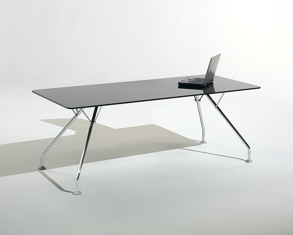 Prospero desk without drawers with chrome frame and a large black glass top