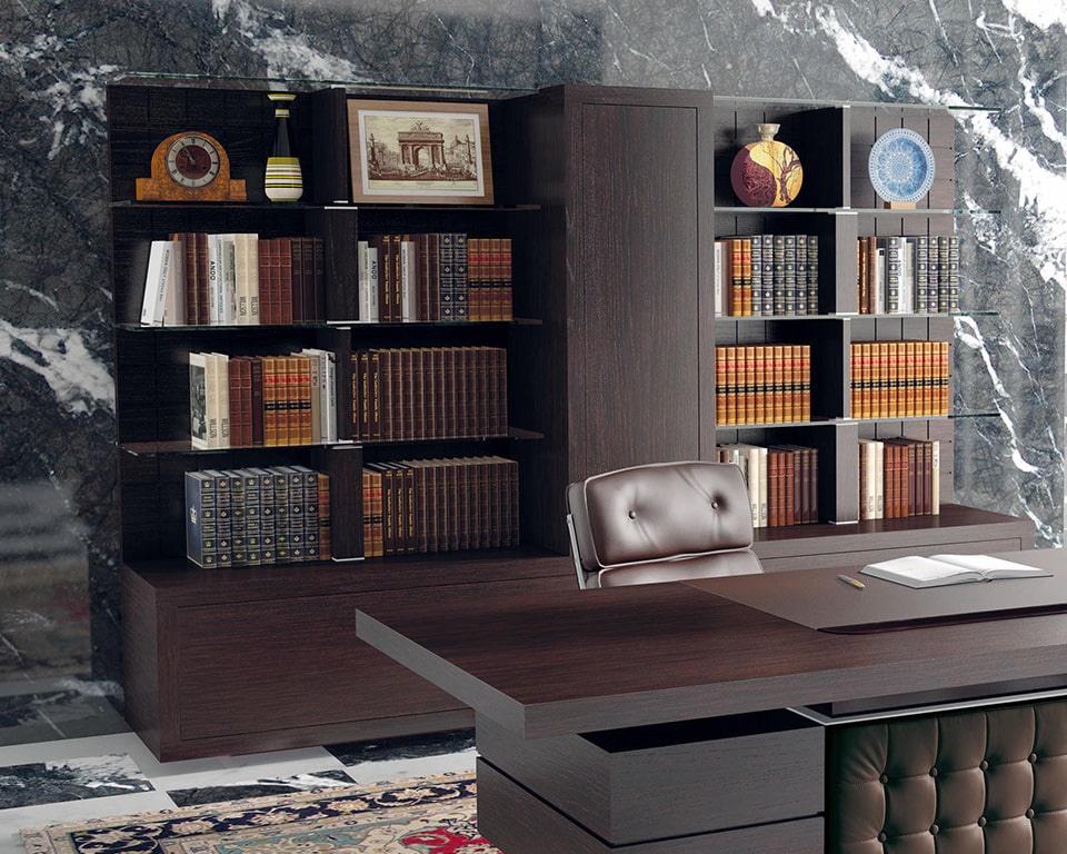 Taiko Luxury Executive bookcase with glass shelves and matching wood finish to Taiko executive desks
