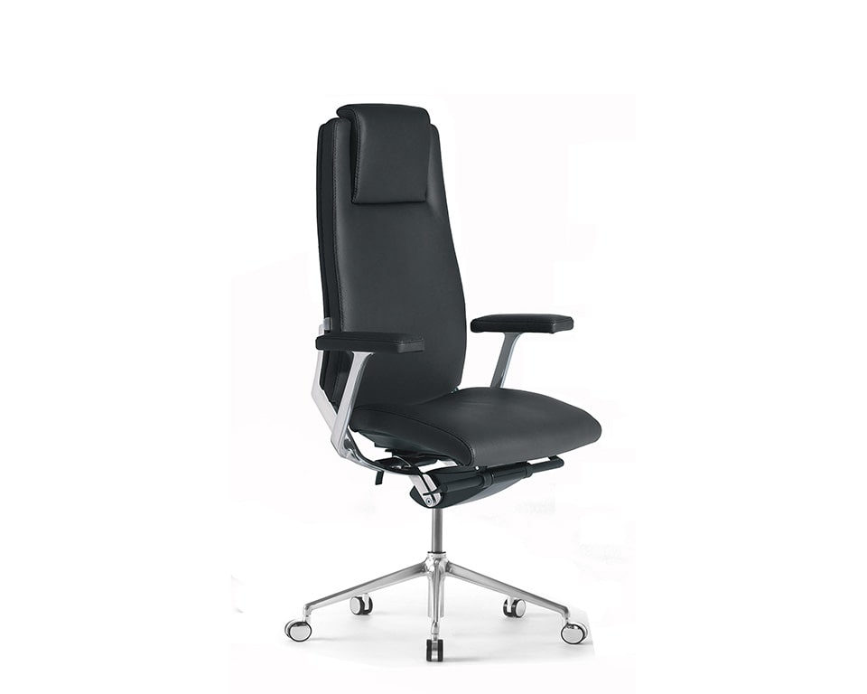 Sumptuous high back executive chairs and boardroom chairs in black leather. The high back model has head rest and height adjustable arms