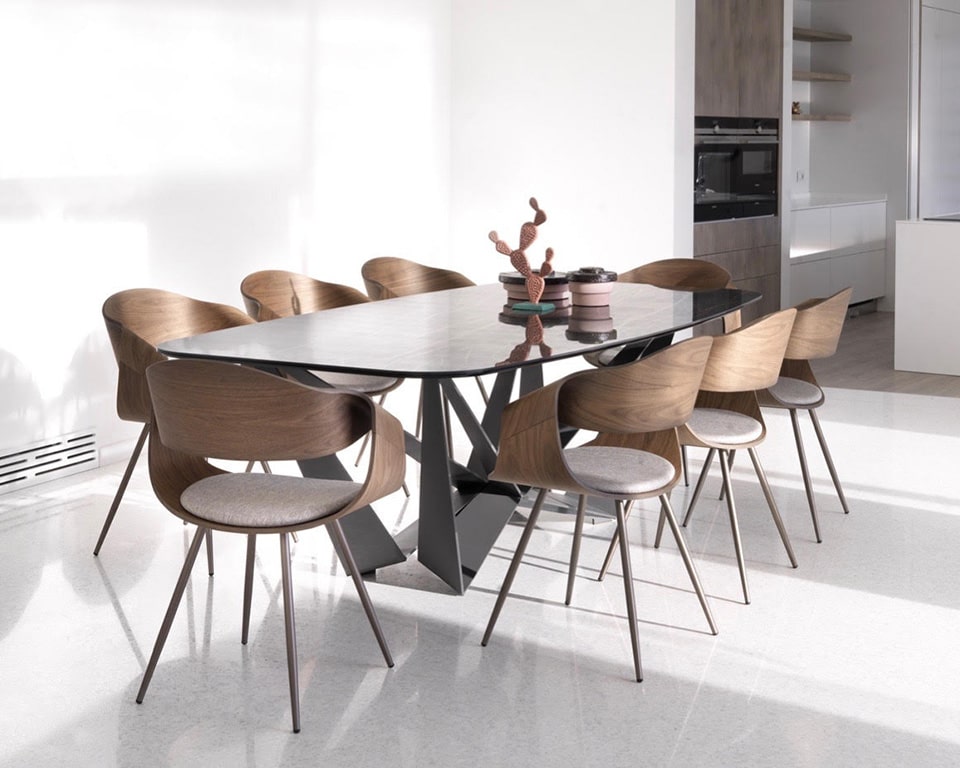 Chantal - chairs- Canaletto wood back and fabric seat with 4 leg base as dining chairs around a dining table