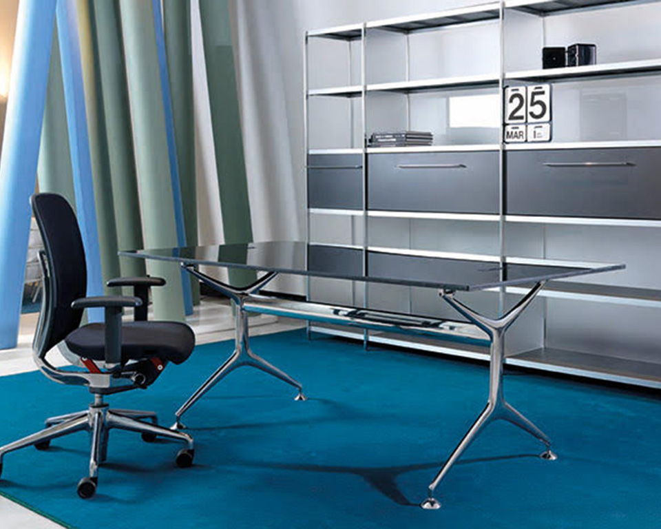 Mini frame black glass desk with die cast polished aluminium legs