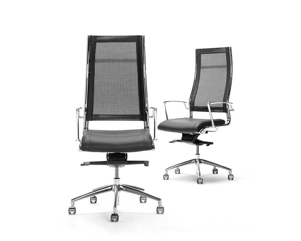 Havana Designer Office Chairs with Leather seat and mesh back rest shown here as the High Back Executive chair in black leather and black net weave and die cast aluminium arms view from the front