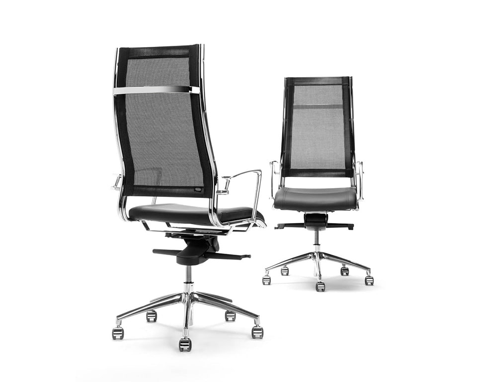 Havana Designer Office Chairs with Leather seat and mesh back rest shown here as the High Back Executive chair in black leather and black net weave and die cast aluminium arms view from the rear and front