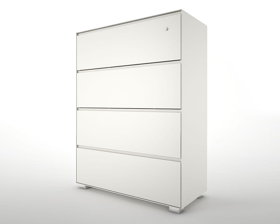 White steel 4 drawer filing chest lockable with glass finishing tops