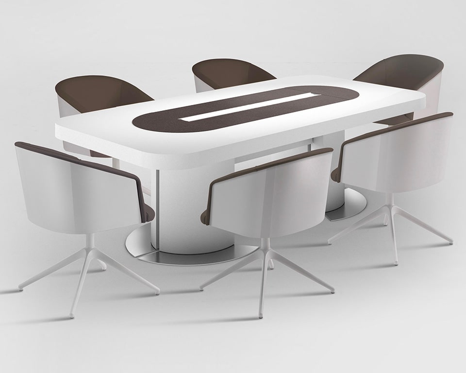 Luxury Italian Executive office furniture- Tau white gloss boardroom table and matching white gloss Rica boardroom chairs