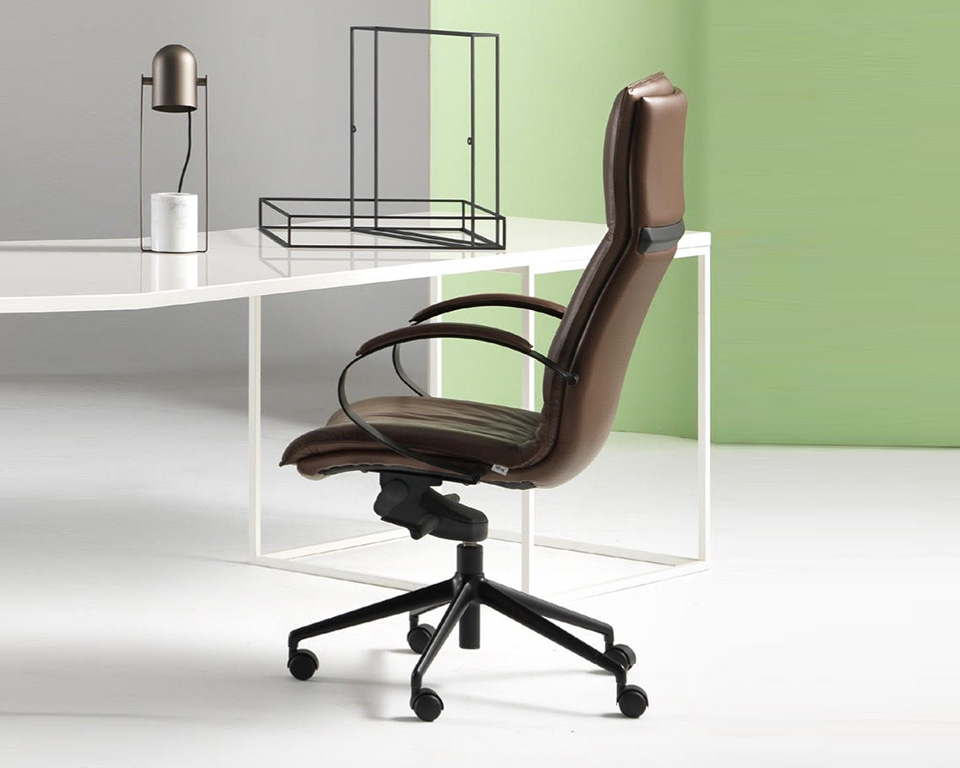 Sabal high back executive office chair with stylish chrome upholstered arms in dark brown G range leather