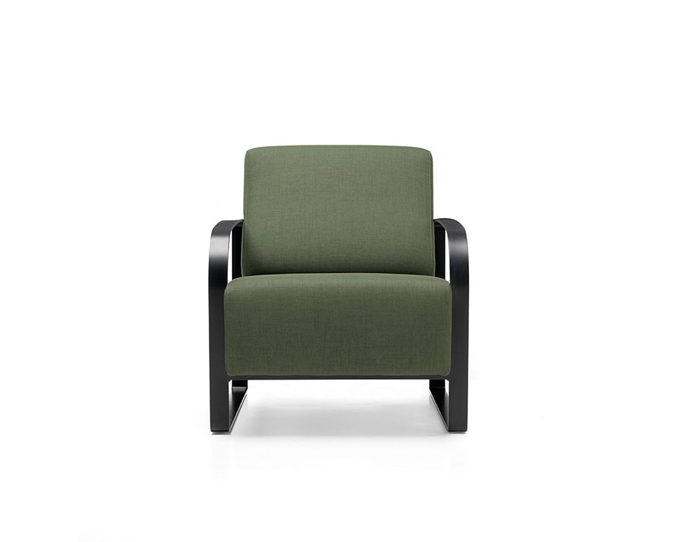 viola retro styled Italian armchair with black steel frame in leather or fabric