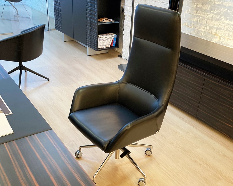Black leather high back chair-The prestigious Deluxe Darwin high back leather executive chair is shown here in a prestigious high grade soft Italian black leather