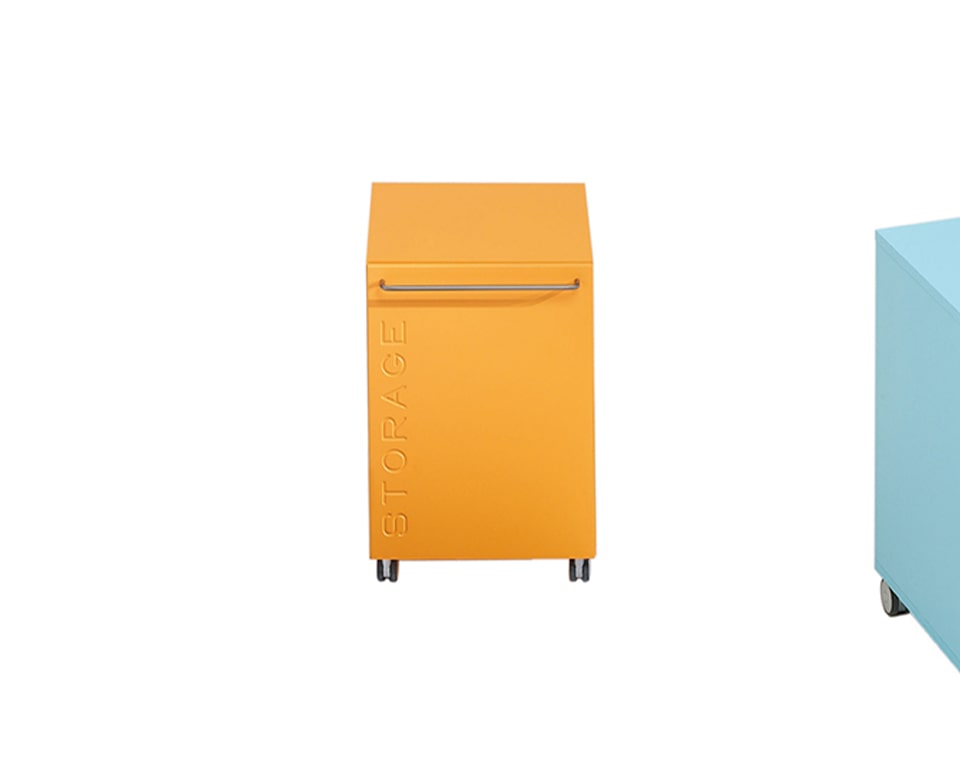 High quality small designer office cupboard.Small Twist hinged door cupboard in matt orange lacquered finish