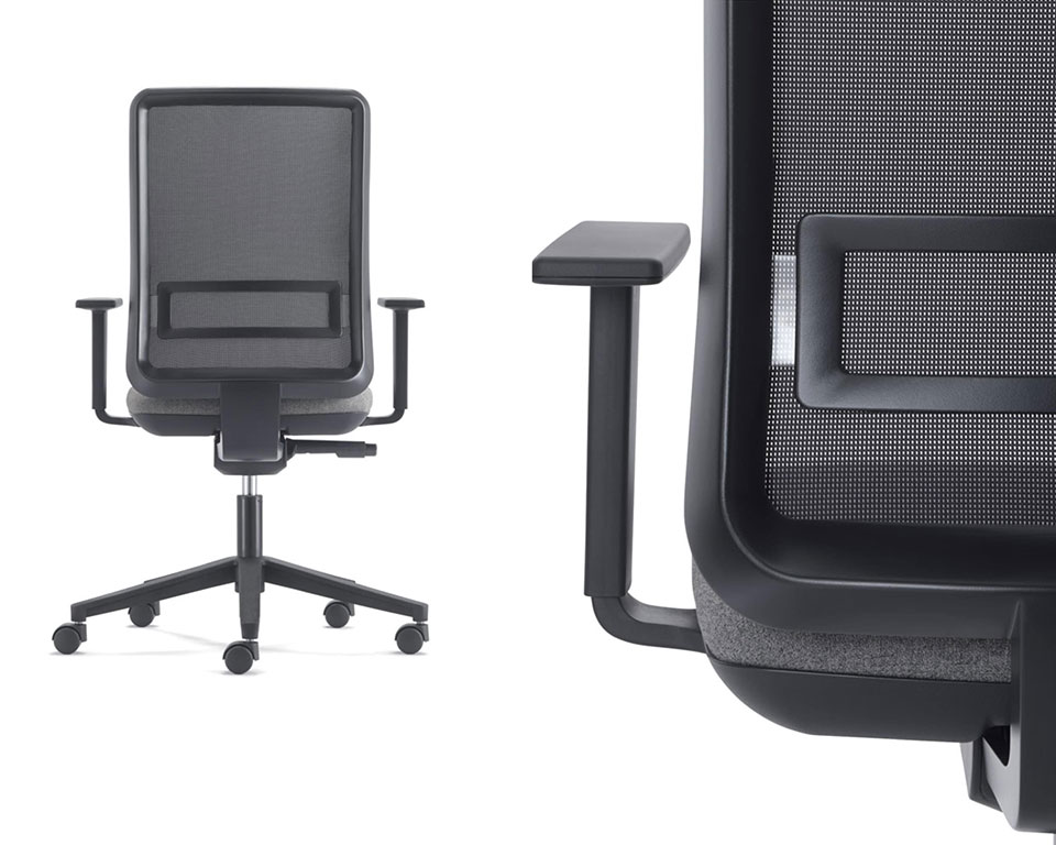 Luxury home office chairs -LA TASK High quality Computer operators chairs - Shown with a black mesh back and grey upholstered seat with a black 5 star base and castors. Height adjustable arms
