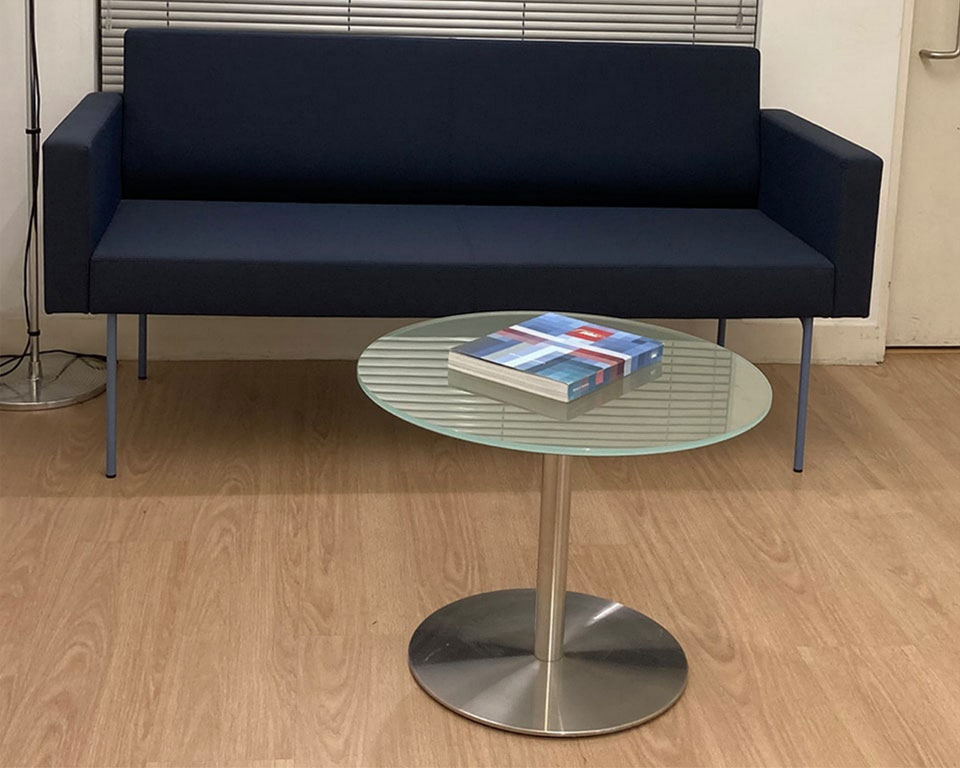 Blue two seat sofa with pale blue legs with matching Desk 600 mm glass round coffee table