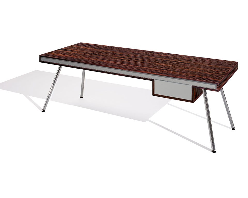 Premium Quality Modern Wood Desk for Executive offices - Modern executive office desk with an ebony wood top and matt white lacquered horizontal bands. Stylish chrome legs and a small personal drawer.