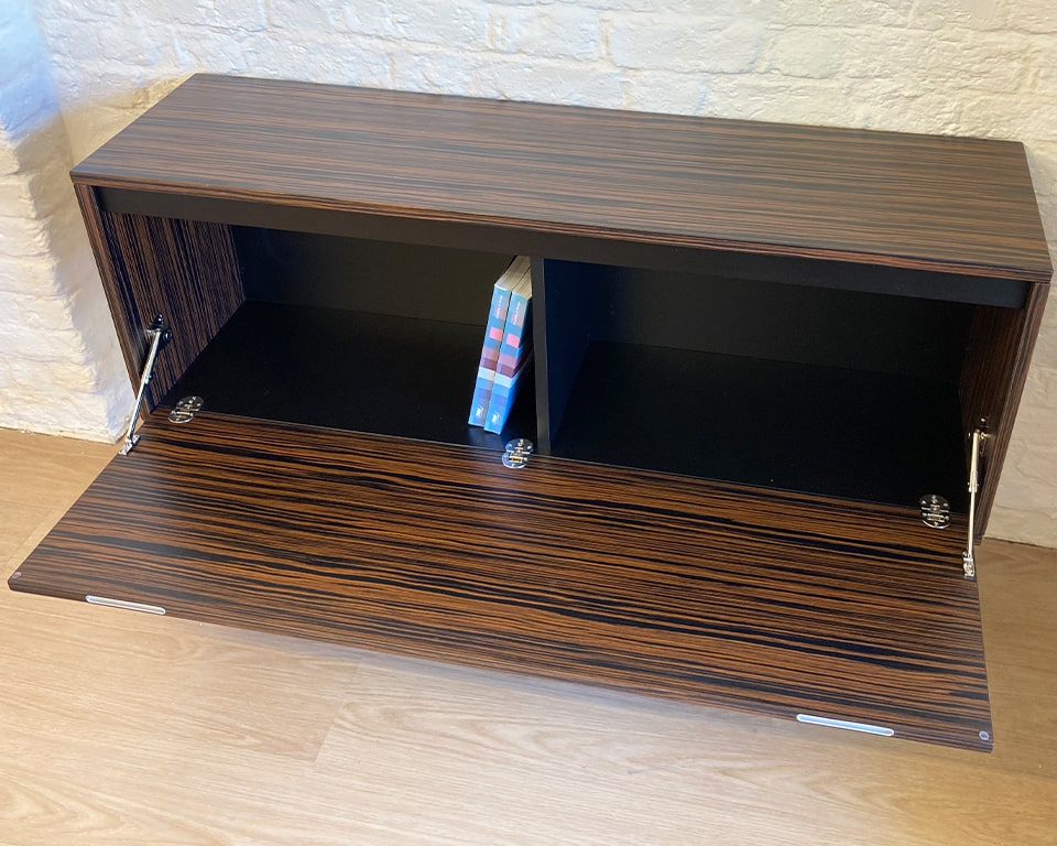 Wall mounted office storage box with fold down door in Ebony wood