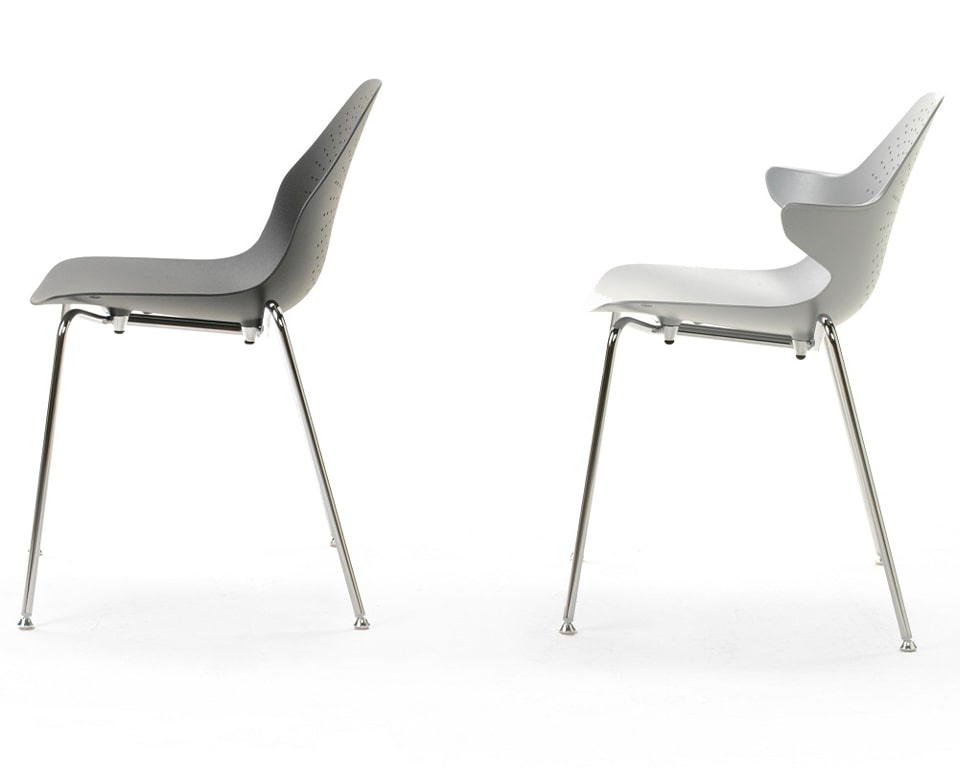 High quality Stackable cafe chairs From Italy - These aluminium stacking chairs are available in a number of matt lacquered colours with or without the arm detail Shown here in all white with the stylish perforated seat and back design side view