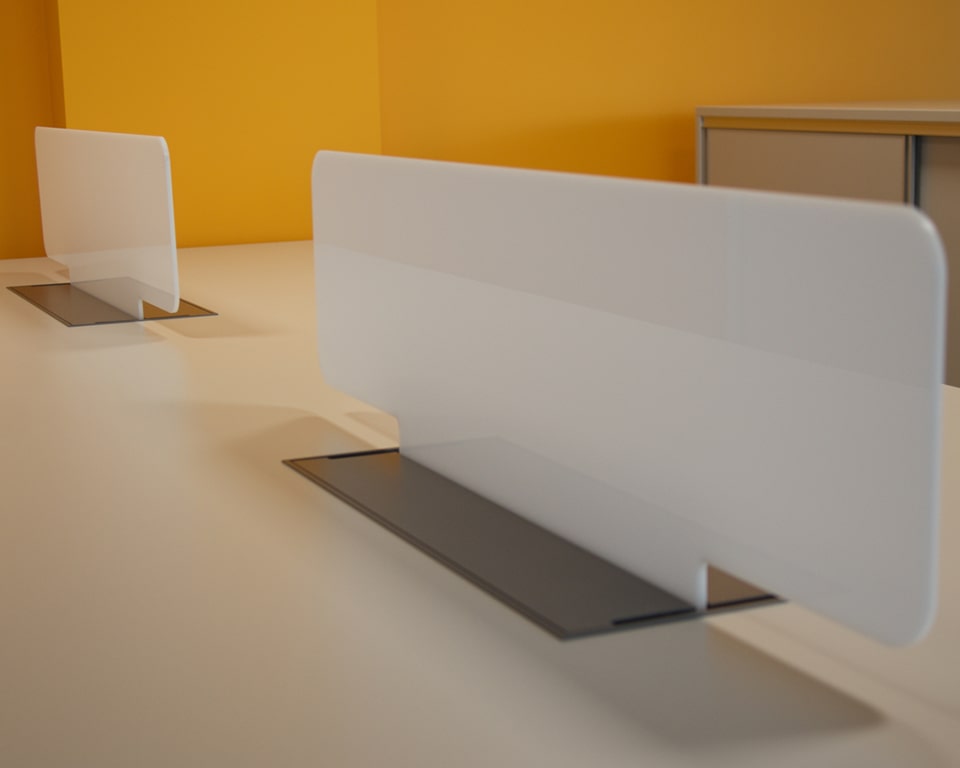 Detail of the perspex screen divider for High quality Minimum double desks and benches showing the Top access cable management box