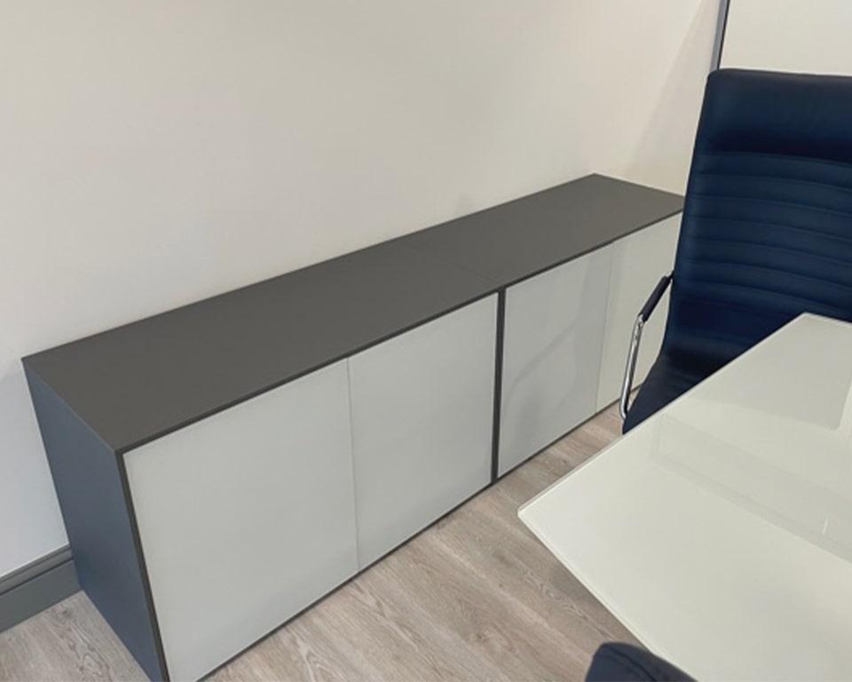 Minimum sideboards with grey lacquered top and sides with white glass doors