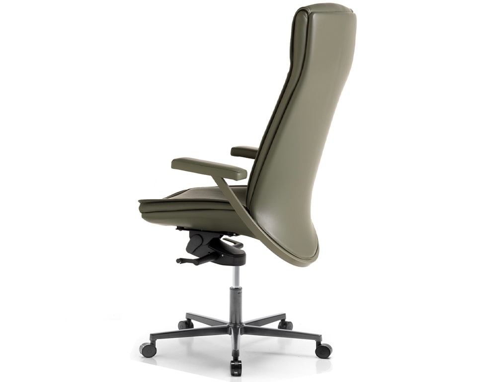 High back executive office chair in olive green leather with a black base and green frame