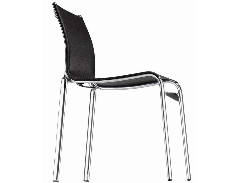 Big Frame 44 side chair with a chrome frame and black mesh upholstery