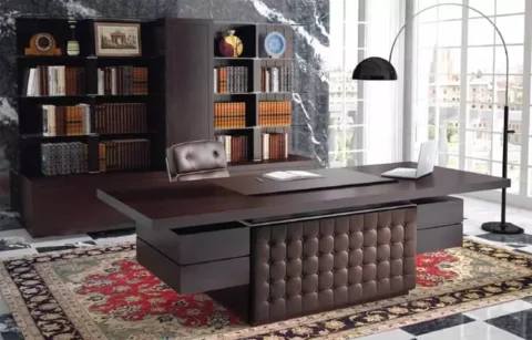 Taiko italian executive office desks are high end executive desks and tables by laporta executive office furniture Shown here with a leather buttoned modesty panel and matching executive bookcase