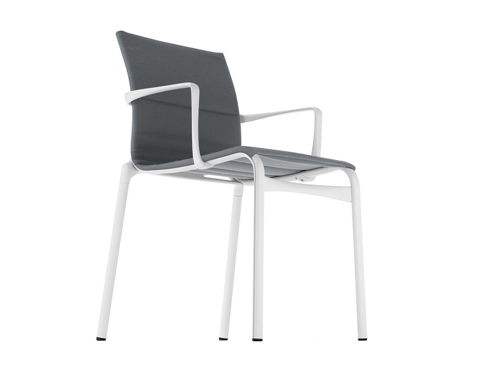 Big Frame 44 stackable dining chairs upholstered in grey fabric with a white frame available with or without arms
