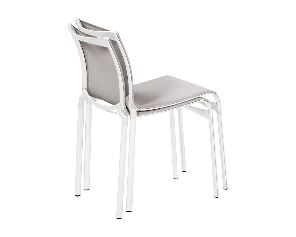 Big Frame 44 stackable dining chairs upholstered in grey fabric with a white frame available with or without arms