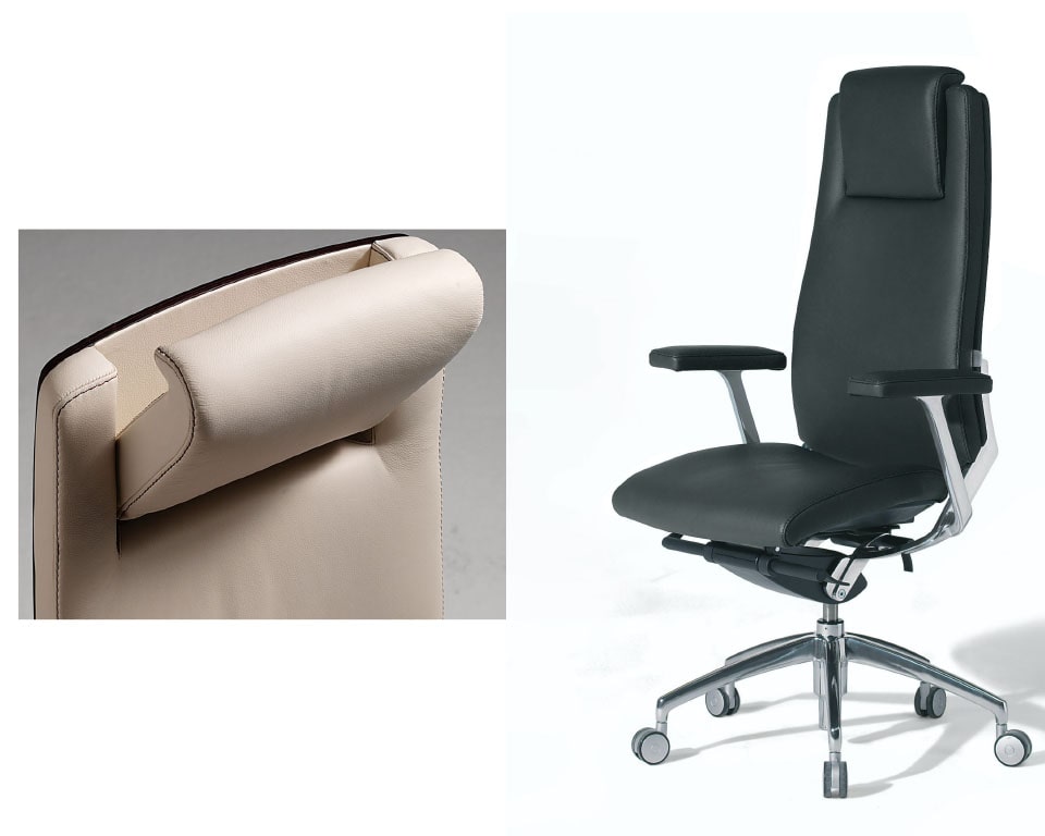 High back luxurious executive office chairs with fully adjustable headrests. Height adjustable arms and die cast aluminium frame