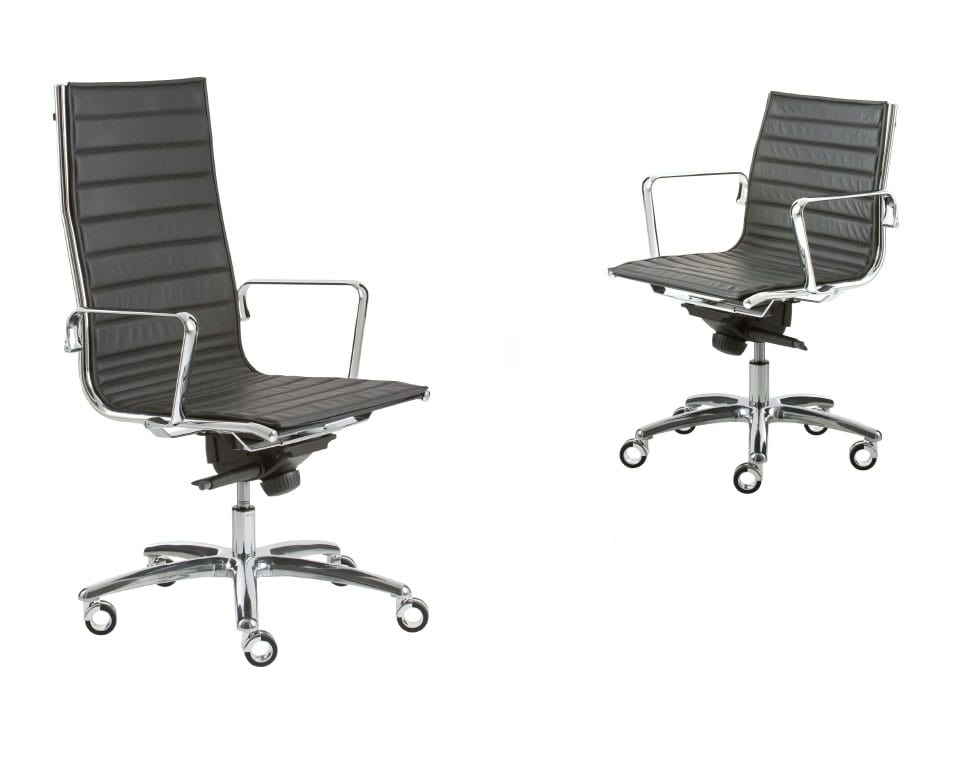 High back and low back executive chairs in black leather - Die cast aluminium arms and 5 star base. Gas lift and tilt.
