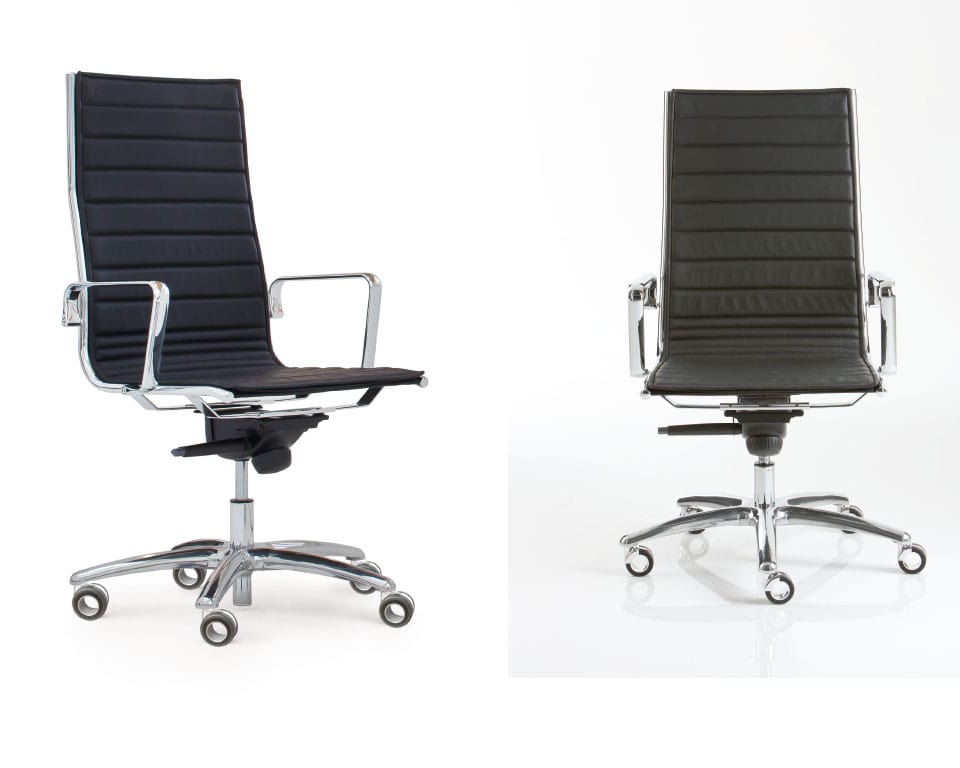 High back Italian executive chairs in black leather - Die cast aluminium arms and 5 star base. Gas lift and tilt.
