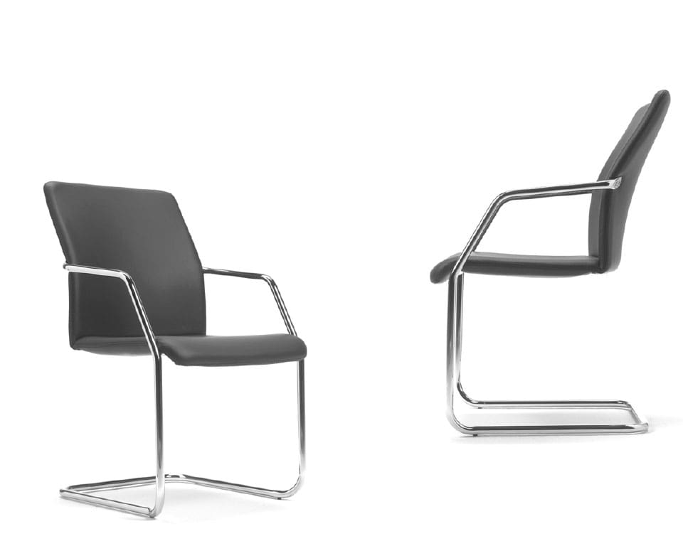 High - End cantilever meeting room chairs fully upholstered in high quality fabric or real Italian leather. Chrome frames with or without arm pads.