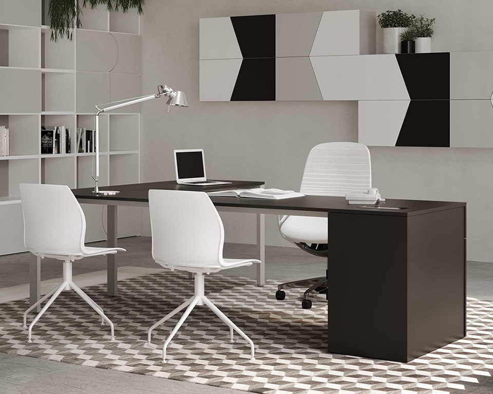 Extra large 6 x 3 desk with optional aluminium grey or black legs instead of white legs. The structural pedestal is also shown in optional black finish