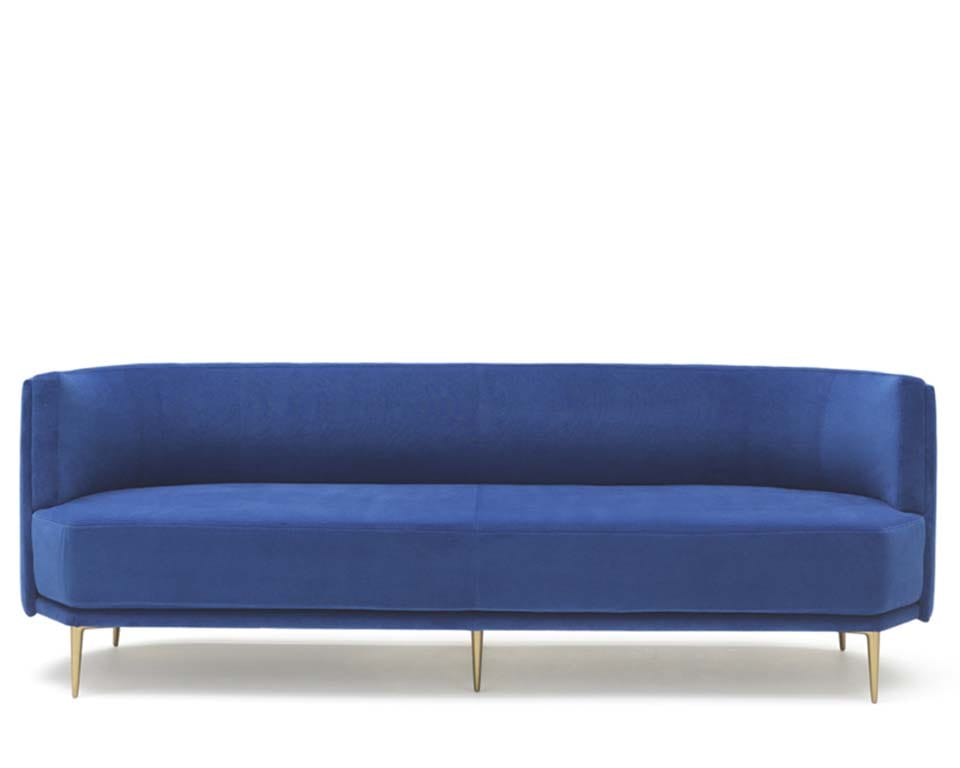 High end 3 seat sofa in blue velvet with gold legs , other upholstery finishes and leg colours are standard as are two seat sofas and armchairs.