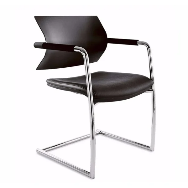 Stylish chrome cantilever chair in black leather