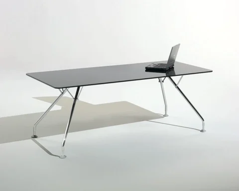 Large black glass table or desk with chrome legs