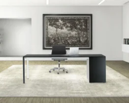 large black satin glass executive desk with left hand drawers