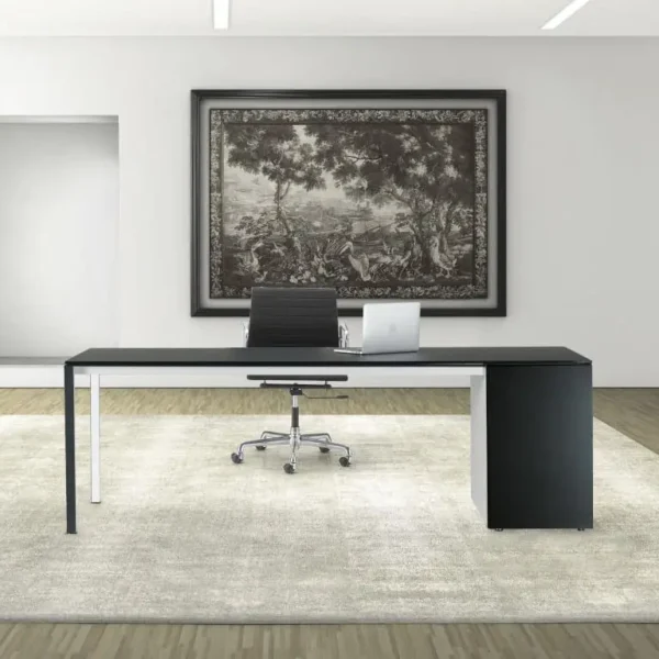 Large black glass executive desk with drawers