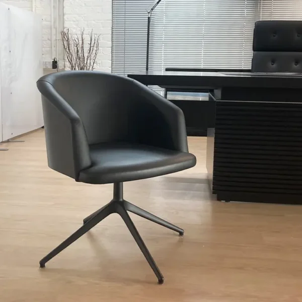 Stunning Black leather swivel chair with a wood back