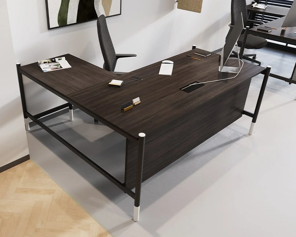 magnificent l- shaped managers desks in dark wood finishes