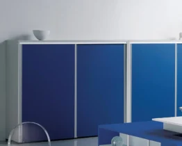 designer sliding door cupboards with dark blue doors