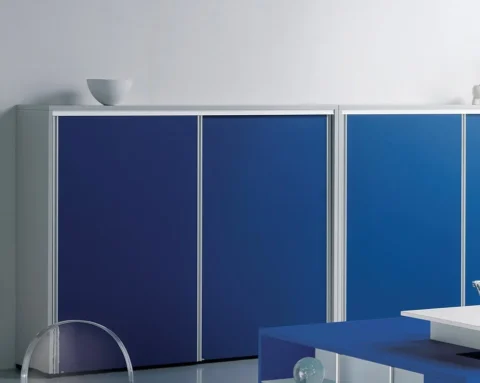 Designer sliding door cupboards with blue doors