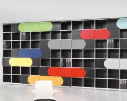 modular designer bookcase with lacquered doors