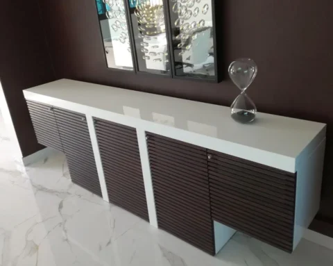 Luxury white gloss sideboard with stylish dark wood strips doors