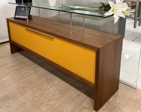 Walnut wood executive sideboard with floating shelf in glass