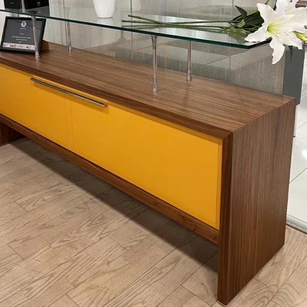 Walnut wood executive sideboard with floating shelf in glass