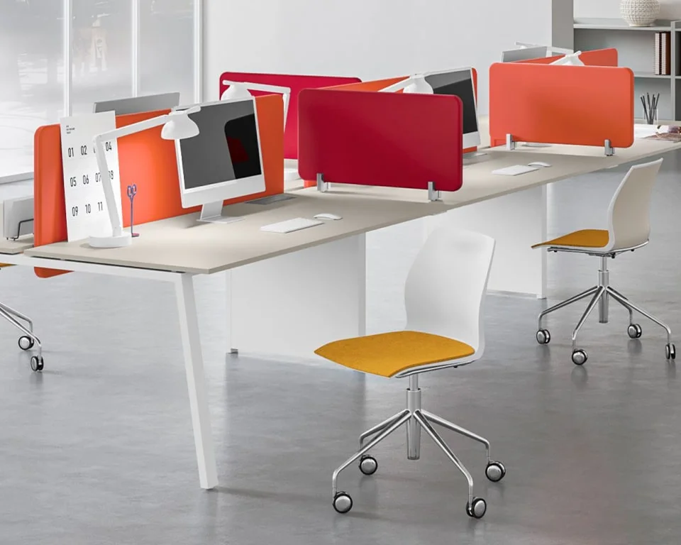 italian bench desks with optional fabric upholstered screen panels