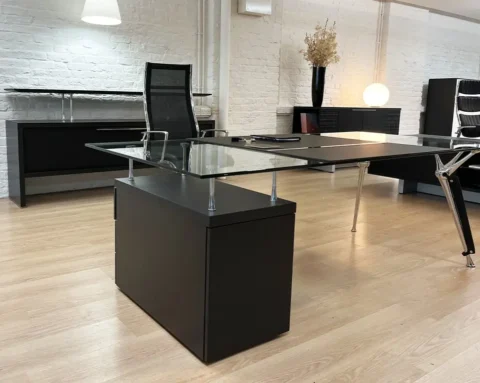 Executive glass desk with a black oak set of drawers