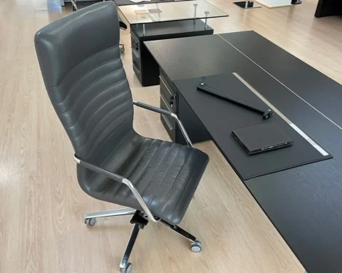 High back executive office chair in dark grey leather